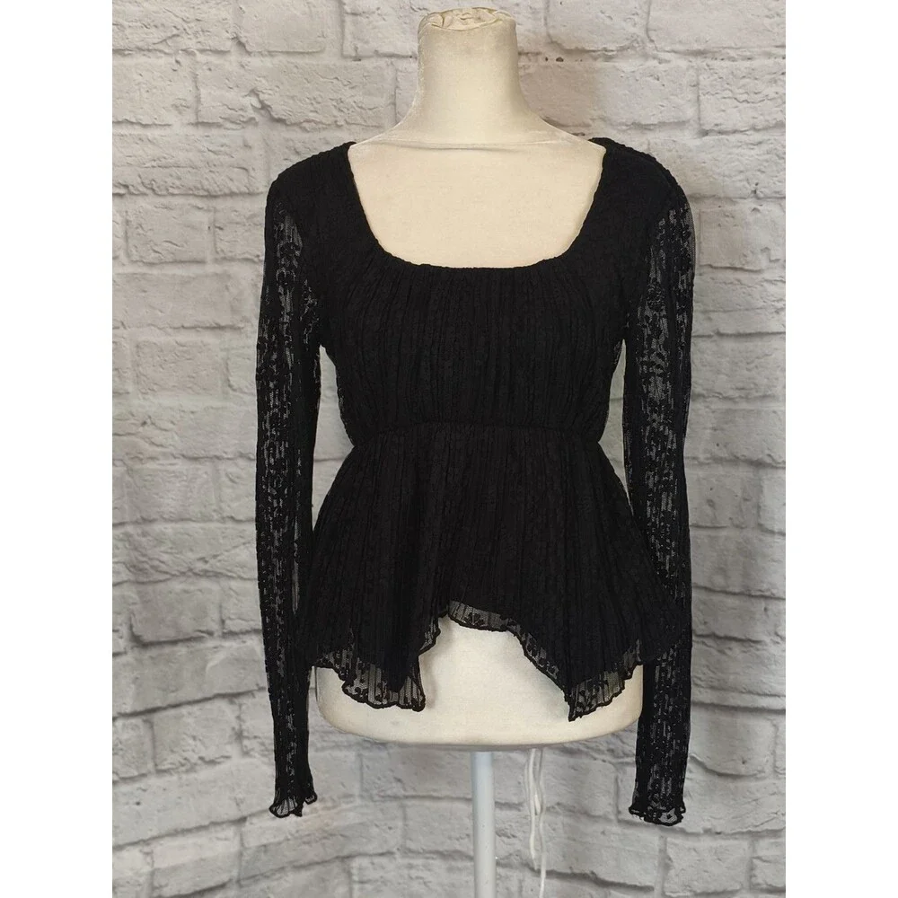 Almost Famous Juniors Small Black Long Sleeve Lacy Whimsy Goth Witchy Top
